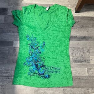 Next Level Apparel Green V-Neck Top with Blue Design